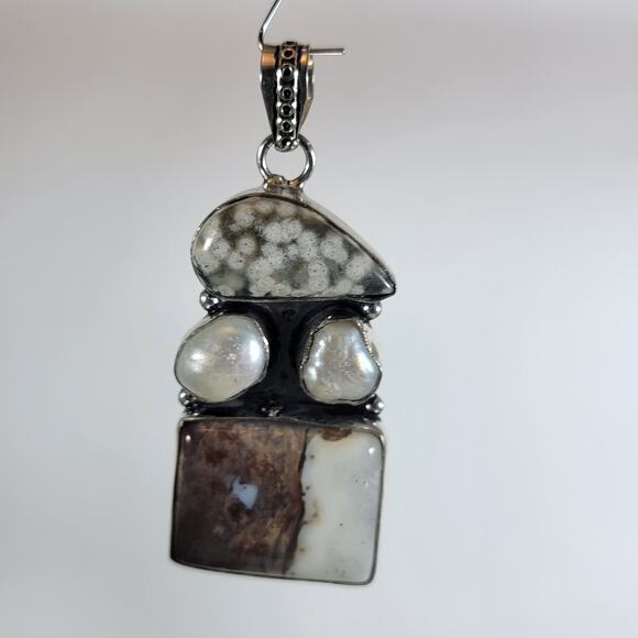 Handmade Silver Pendant With Fossil Coral, Pearl & Rare Petrified Wood Gemstones - Picture 10 of 10